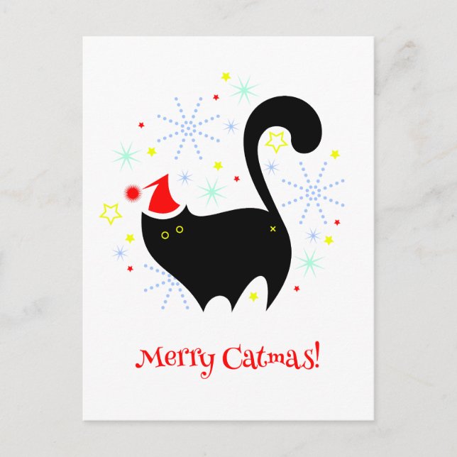 Cheeky Black Cat Hintern Weihnachtsmannmütze Merry Postkarte (Vorderseite)