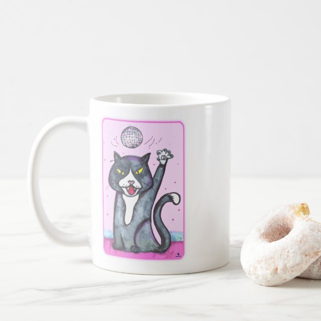 Cheeky Dancing Disco Ball Cat Cartoon Fun Art Kaffeetasse (Mit Donut)