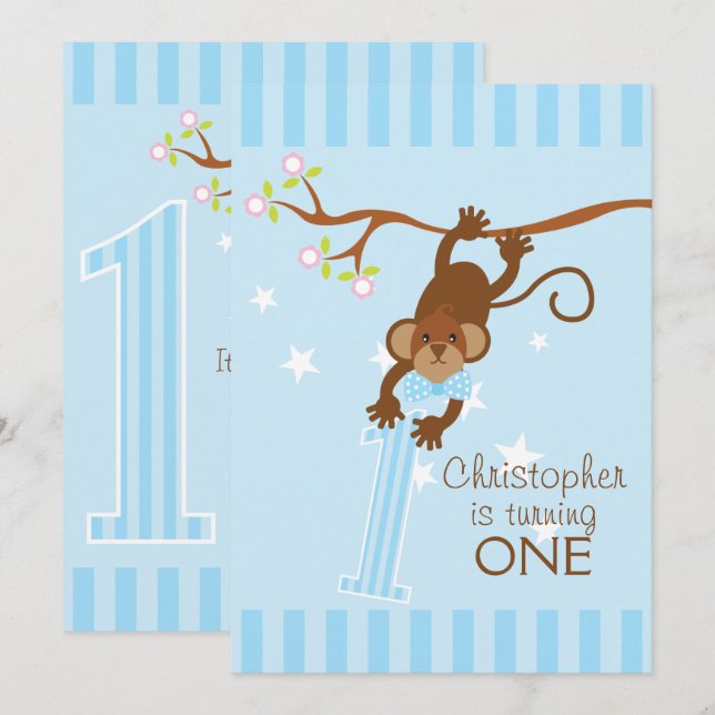 Cheeky Monkey Blue Stripes 1. Geburtstag Party Einladung (Vorne/Hinten)