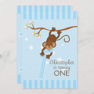 Cheeky Monkey Blue Stripes 1. Geburtstag Party Einladung