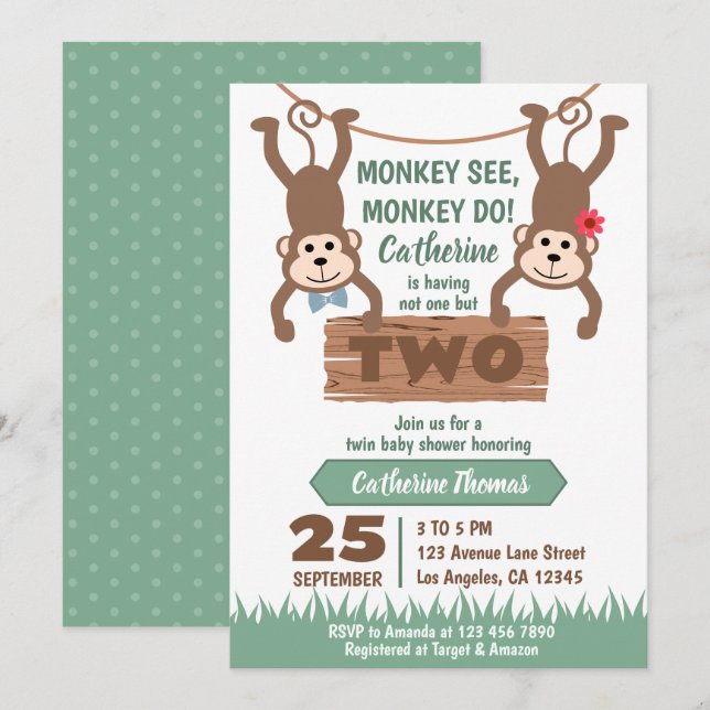 Cheeky Monkey Boy & Girl Twins Baby Dusche Einladung (Vorne/Hinten)
