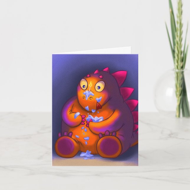 Cheeky Stegosaurus Eating Cake Birthday Card Dankeskarte (Vorderseite)