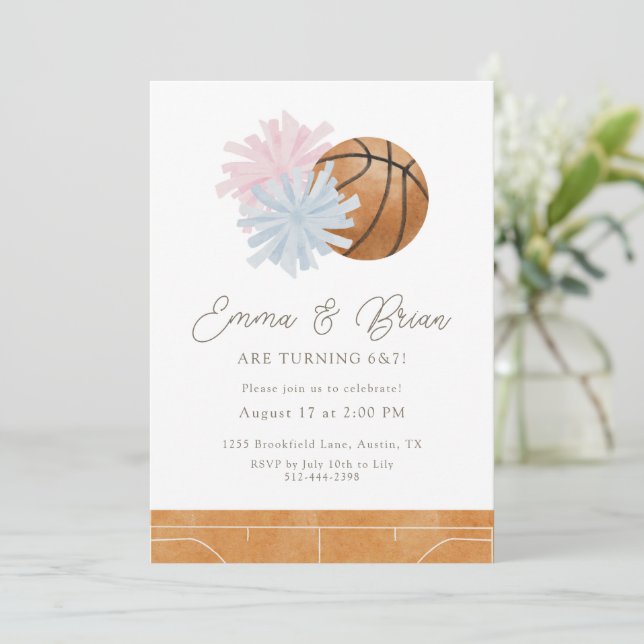 Cheer and Basketball Joint Twins or Siblings  Einladung (Stehend Vorderseite)