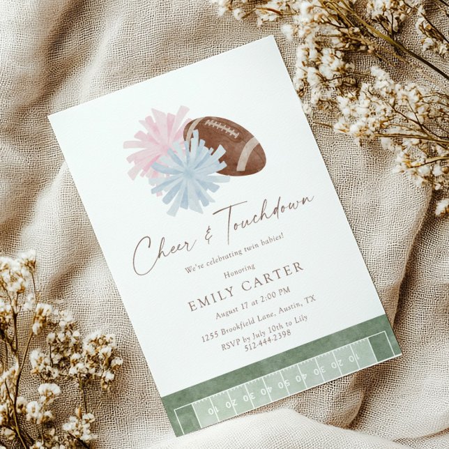 Cheer and Touchdown Twin Baby Shower Einladung (Von Creator hochgeladen)