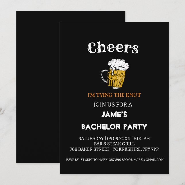 Cheer Beer Black Bachelor Party Einladung (Vorne/Hinten)