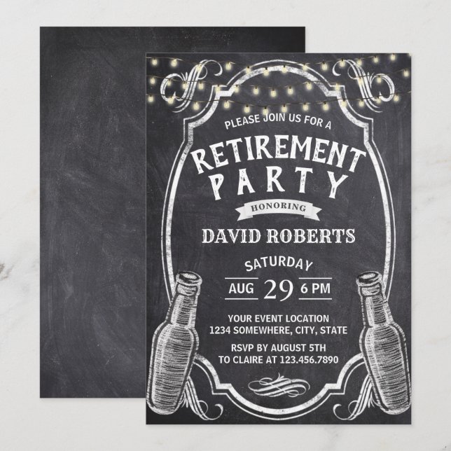 Cheer Beer Rustic Chalkboard Retirement Party Einladung (Vorne/Hinten)