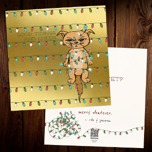 Cheer Cat; Funny Tangled Kitty in Xmas Lights Gold Feiertagskarte