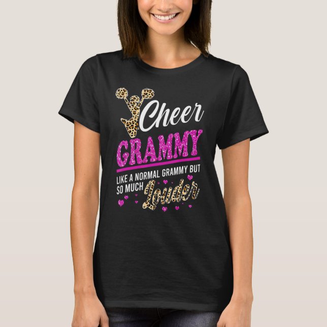 Cheer Grammy Größte Fan Leopard Print und Pom Pom T-Shirt (Vorderseite)