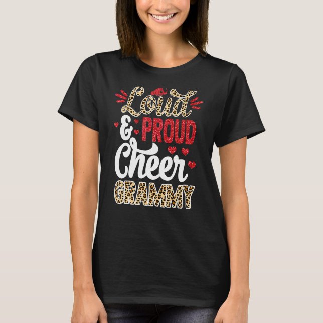 Cheer Grammy Größte Fan Leopard Print und Pom Pom T-Shirt (Vorderseite)