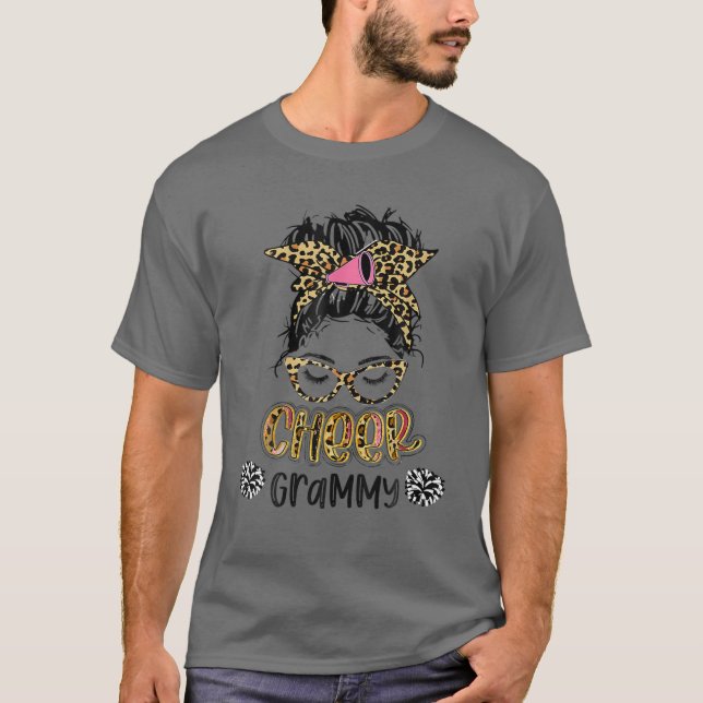 Cheer Grammy Leopard Messy Bun Cheerleader Mütter T-Shirt (Vorderseite)