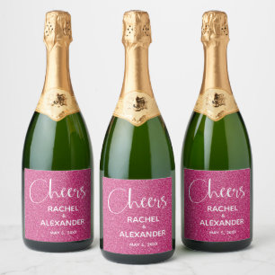 CHEER Hot Pink Glitzer Wedding Sparkling Wine Labe