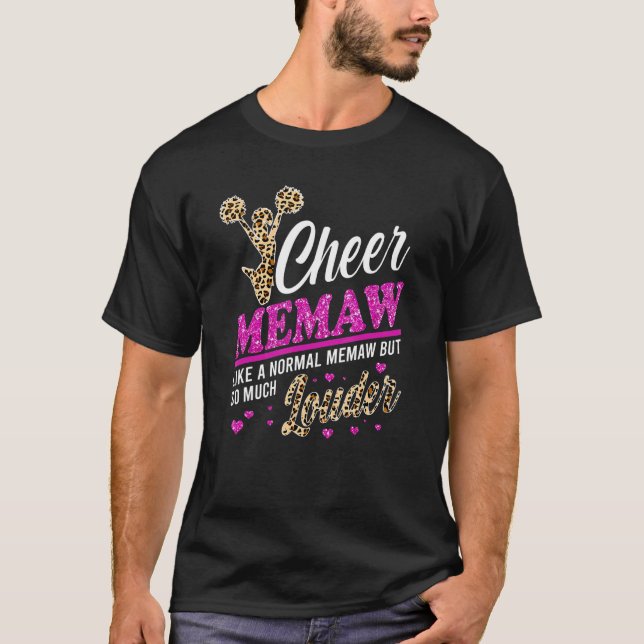 Cheer Memaw Größte Fan Leopard Print und Pom Pom T-Shirt (Vorderseite)