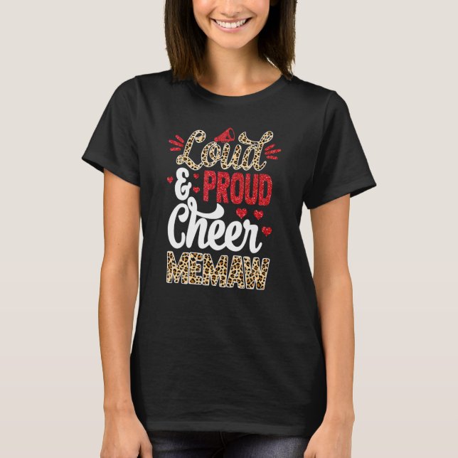 Cheer Memaw Größte Fan Leopard Print und Pom Pom T-Shirt (Vorderseite)