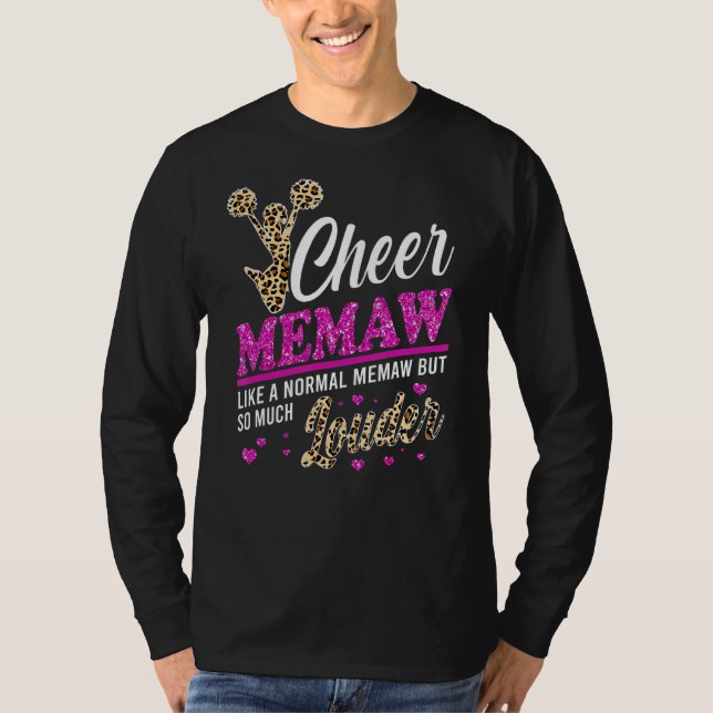 Cheer Memaw Größte Fan Leopard Print und Pom Pom T-Shirt (Vorderseite)