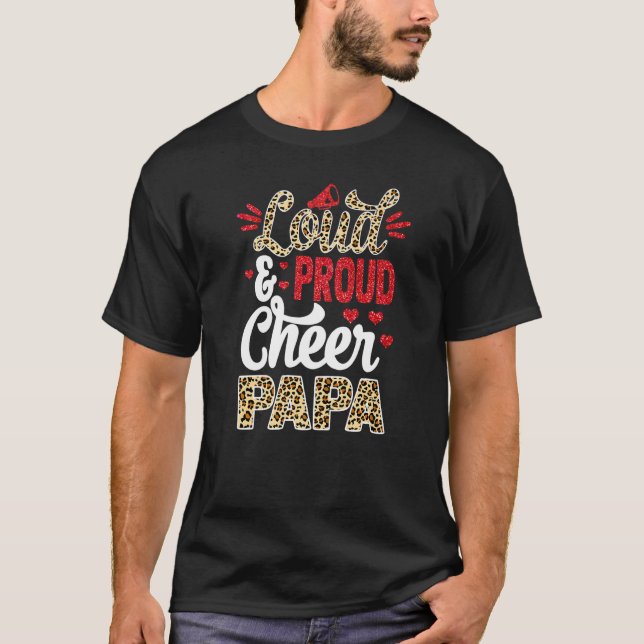 Cheer Papa Größte Fan Leopard Print und Pom Pom T-Shirt (Vorderseite)