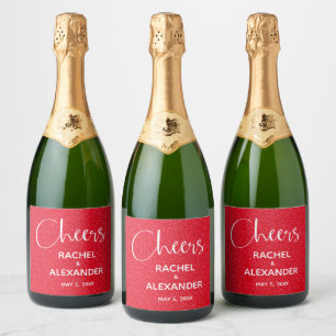 CHEER Red Glitzer Wedding Champagne Labels