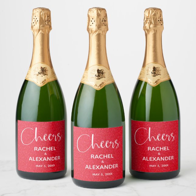 CHEER Red Glitzer Wedding Sparkling Wine Labels (Flaschen)