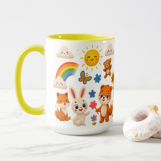 Cheerful Animals and Rainbow Ceramic Mug Tasse (Mit Donut)