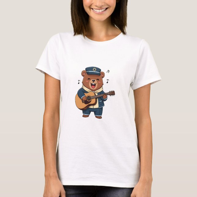Cheerful Bear Captain Playing Acoustic Guitar T-Shirt (Vorderseite)