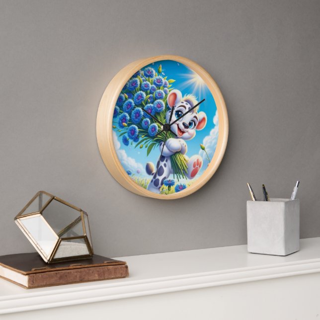 Cheerful Bear with Blue Flowers Uhr (Büro)