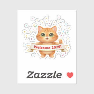 Cheerful Cat with New Year Banner Welcome 2026 Aufkleber