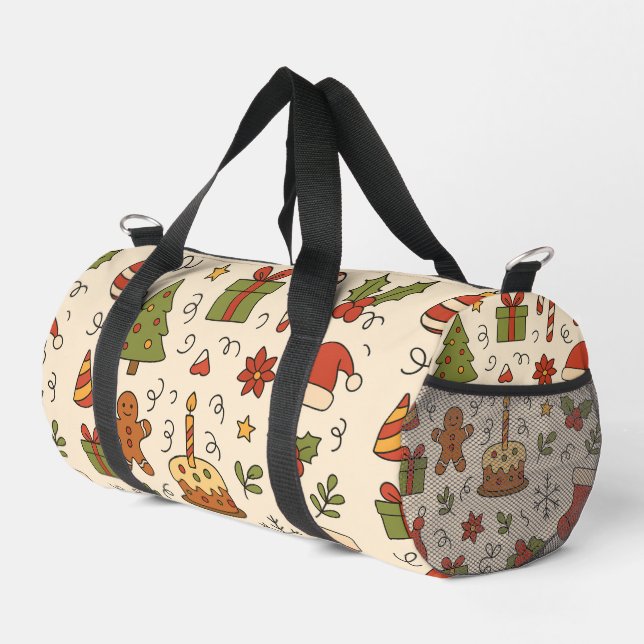 Cheerful Christmas Doodle Pattern Duffle Bag (Rechte Ecke)