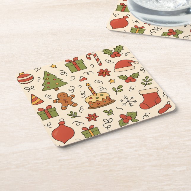 Cheerful Christmas Doodle Pattern Rechteckiger Pappuntersetzer (angewinkelt)
