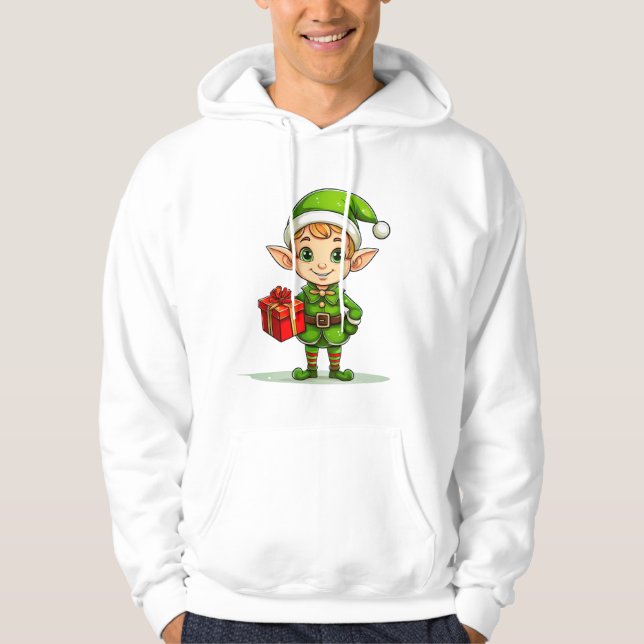 Cheerful Christmas Elf with Gift – Holiday Hoodie (Vorderseite)