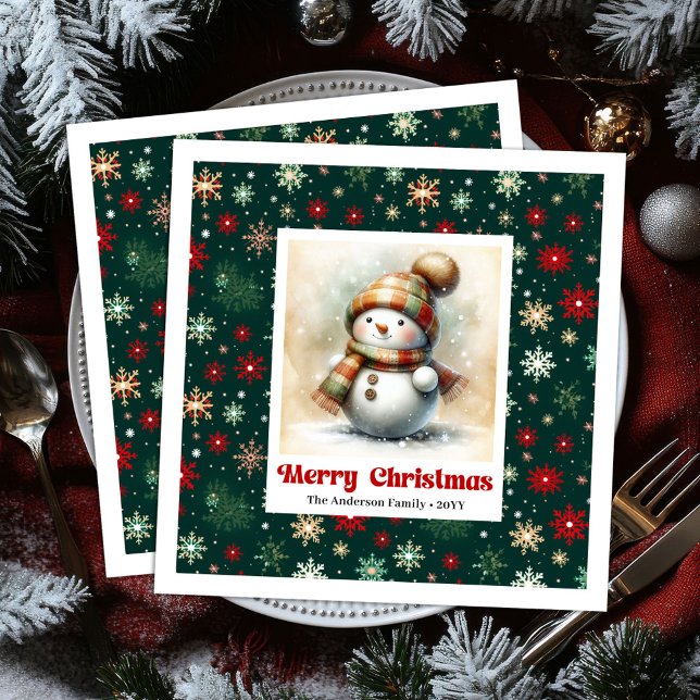 Cheerful Christmas Snowman Napkins Custom Name  Serviette (Bright funny snowman watercolor kids napkins)
