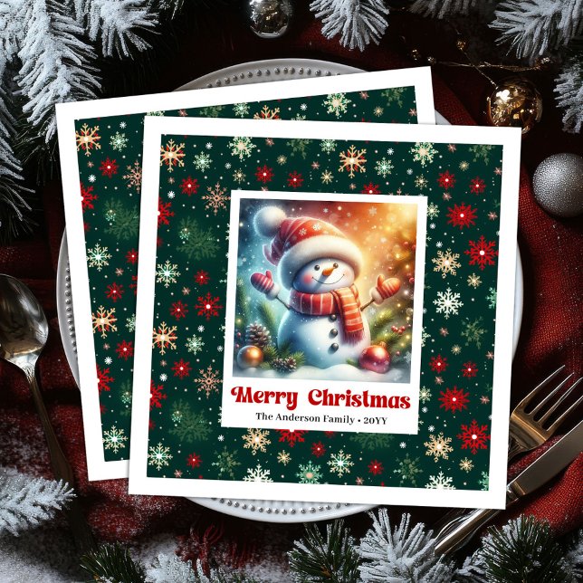 Cheerful Christmas snowman with snowflakes kids  Serviette (Cheerful Christmas snowman with snowflakes kids napkins)