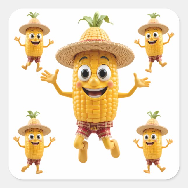  Cheerful Corn Characters Celebrating Life Quadratischer Aufkleber (Vorderseite)