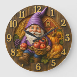 Cheerful gnome with apple basket harvest große wanduhr