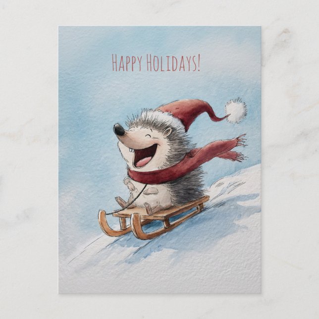 Cheerful hedgehog rides sled down, Christmas  Postkarte (Vorderseite)