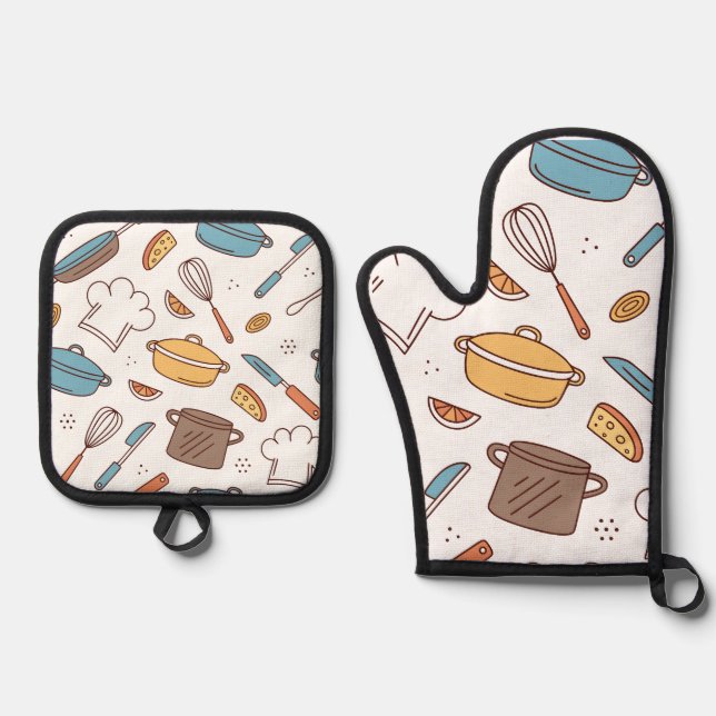 Cheerful Kitchen Doodle Ofenhandschuh & Topflappen-Set (Vorderseite)
