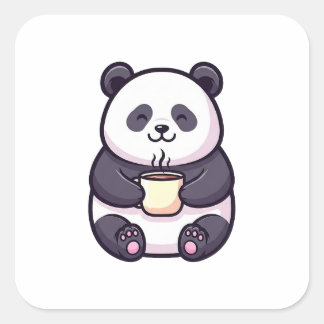 Cheerful Panda with Tea – Cute Whimsical Illustrat Quadratischer Aufkleber