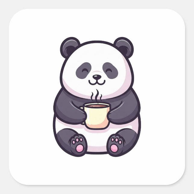 Cheerful Panda with Tea – Cute Whimsical Illustrat Quadratischer Aufkleber (Vorderseite)