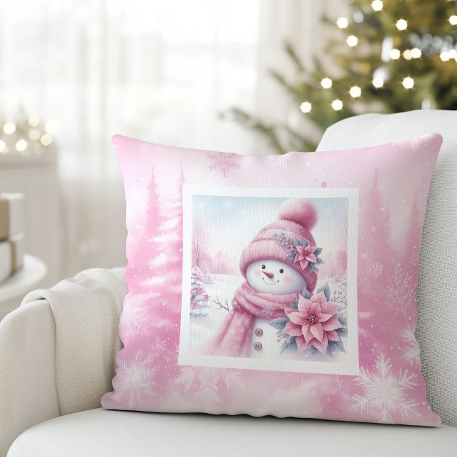 Cheerful Pink Snowman Pinkmas Forest Gift Pillow Kissen (Cheerful Pink Snowman Pinkmas Forest Gift Pillow)