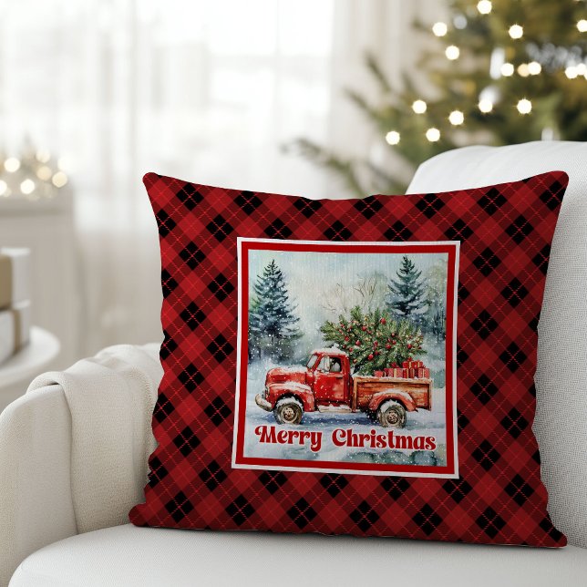 Cheerful red truck Christmas scene rustic bold  Kissen (Cheerful red truck Christmas scene rustic bold pillow joy

)