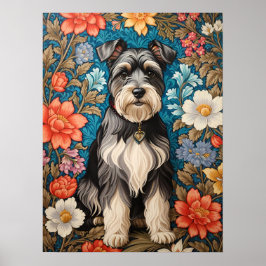 Cheerful Schnauzer William Morris Inspired Floral Poster