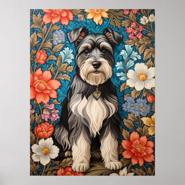 Cheerful Schnauzer William Morris Inspired Floral Poster (Vorne)