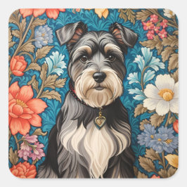 Cheerful Schnauzer William Morris Inspired Floral Quadratischer Aufkleber