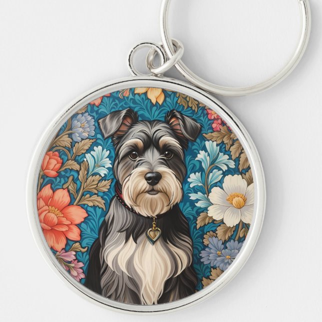 Cheerful Schnauzer William Morris Inspired Floral Schlüsselanhänger (Vorne)