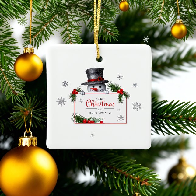 Cheerful Snowman Christmas New Year Greetings Keramikornament (Von Creator hochgeladen)