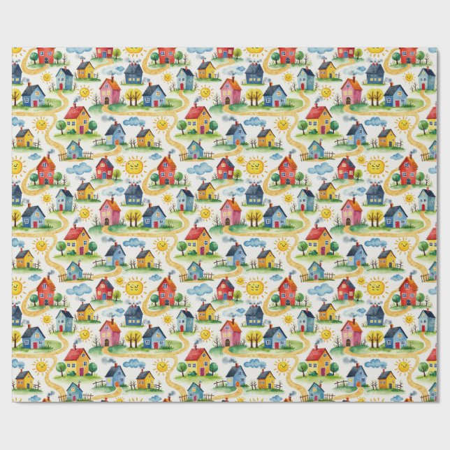 Cheerful Watercolor Realtor Houses Wrapping Paper Geschenkpapier (Flach)
