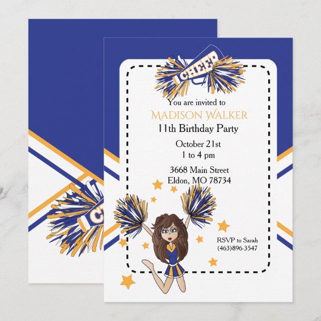 Cheerleader Birthday Party in Blue & Gold Einladung (Vorne/Hinten)
