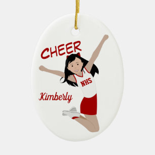 Cheerleader Black Hair Red & White Keramik Ornament