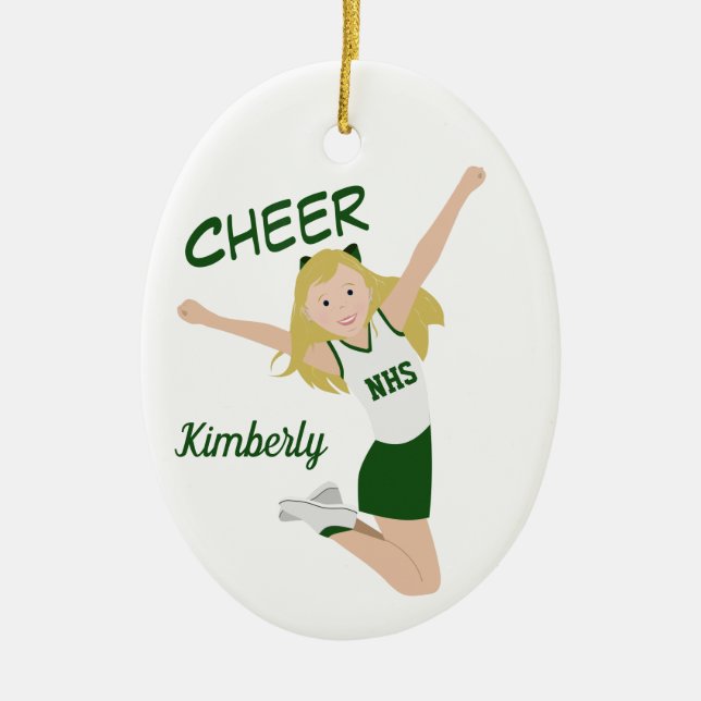 Cheerleader Blonde Green & White Keramik Ornament (Vorne)