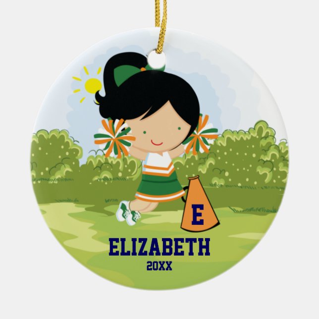Cheerleader Girl Christmas Ornament Green Orange (Vorne)