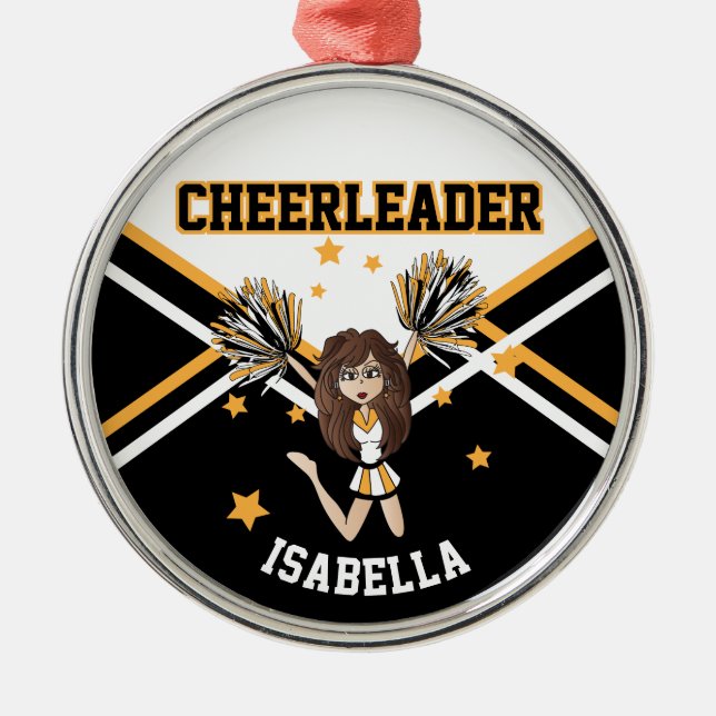 Cheerleader 📣 💖 Girl - Weiß, Schwarz und Gold Ornament Aus Metall (Vorne)