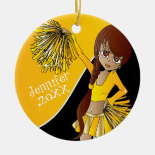 Cheerleader 📣 💖 Golden Yellow Cheerleader Girl Keramik Ornament